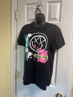 Blink-182 Black Graphic Logo Tee with Pink & Teal Accents